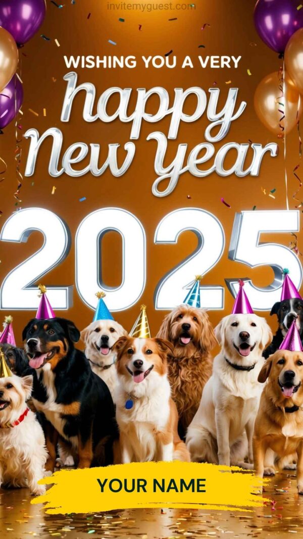 Party Dogs with Festive Decorations- Adorable New Year Greeting Card Template 2025